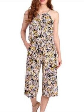 London Times Confetti Floral Blouson Halter Wide-Leg Crop Jumpsuit SIZE 10